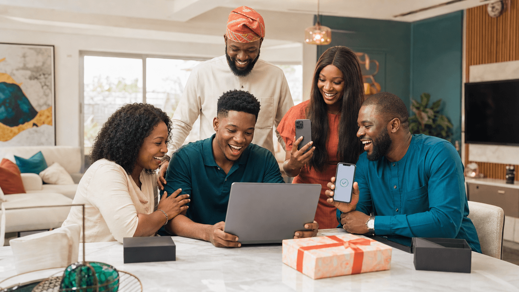 Friends celebrating a completed gadget wish